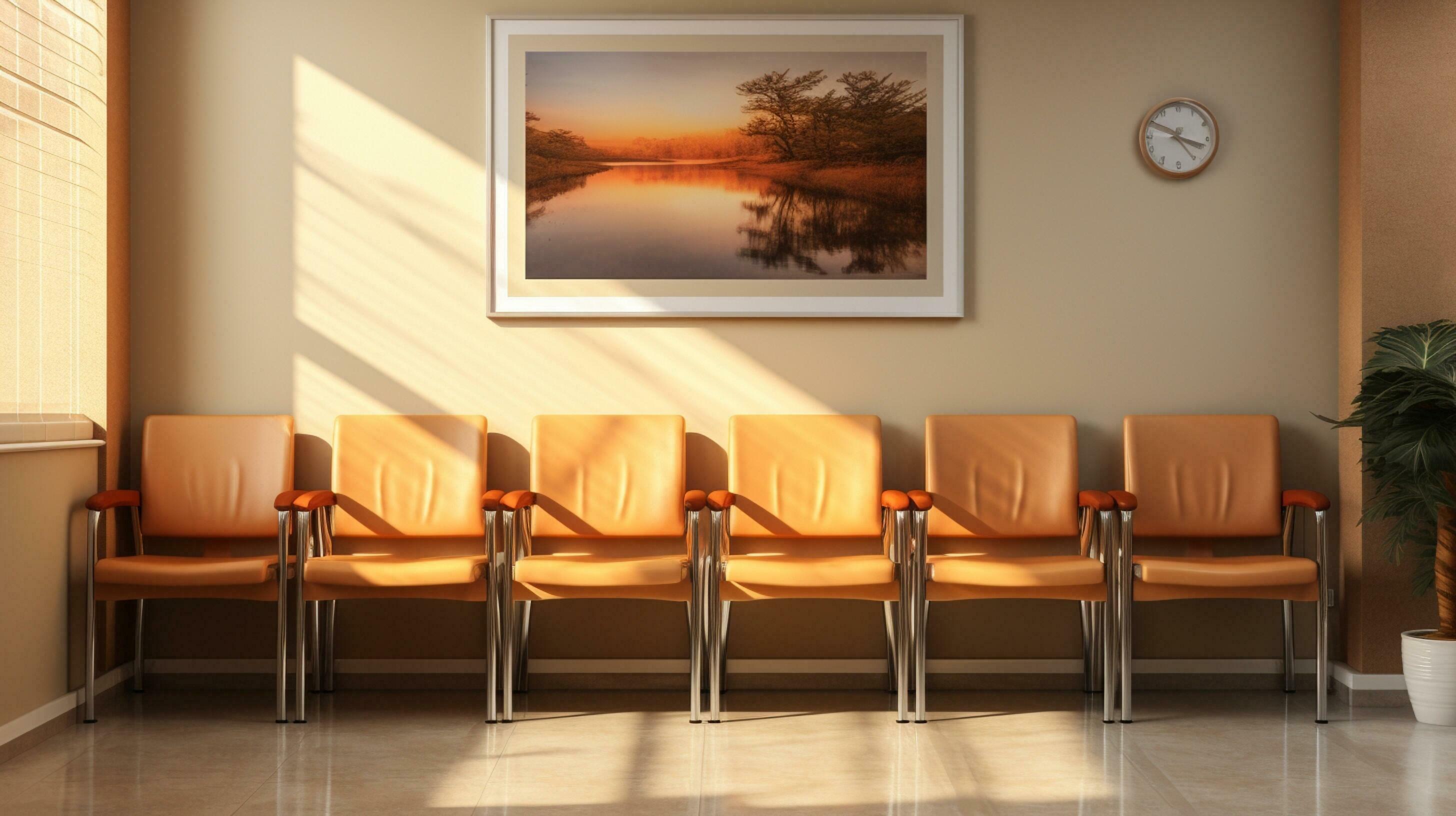 Six orange chairs at a medical office